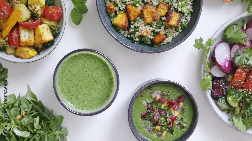 Assortment of healthy vegan dishes displayed. Assortment of healthy vegan dishes displayed.
