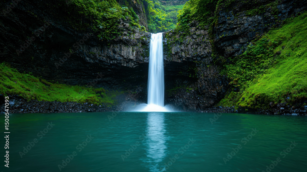 Fototapeta premium Serene Waterfall Cascading into Tranquil Pool Surrounded by Lush Green Vegetation in Majestic Natural Landscape
