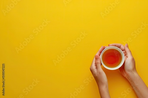 High Quality Image of a Person Holding a Handful of Tea with a Yellow Background