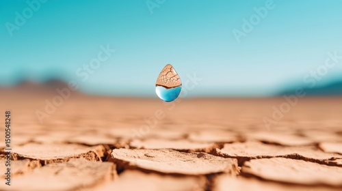 Surreal image of a last drop of water reflecting a dry and cracked riverbed under a clear blue sky, concept of drought and climate change