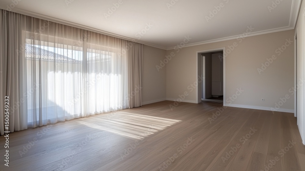 Fototapeta premium Bright Open Living Space with Neutral Tones and Soft Sunlight Streaming Through Windows
