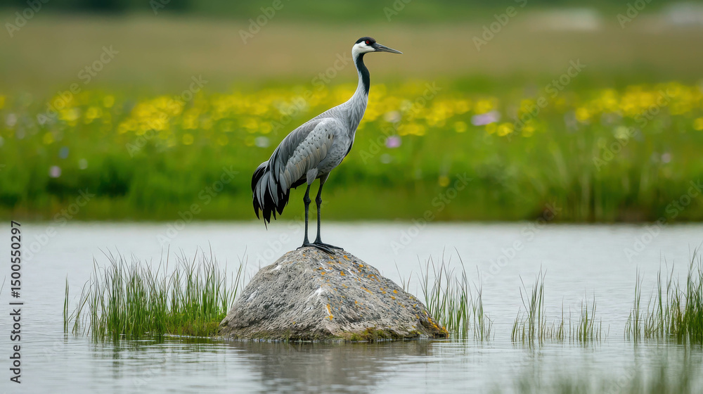 Fototapeta premium Elegant crane standing on a rock in a serene wetland surrounded by lush greenery and colorful wildflowers under a clear blue sky