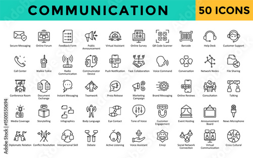 Communication icons set with secure messaging, online forum, feedback form, public announcement, virtual assistant, online survey, qr code scanner, barcode, help desk icon. Simple line vector 
