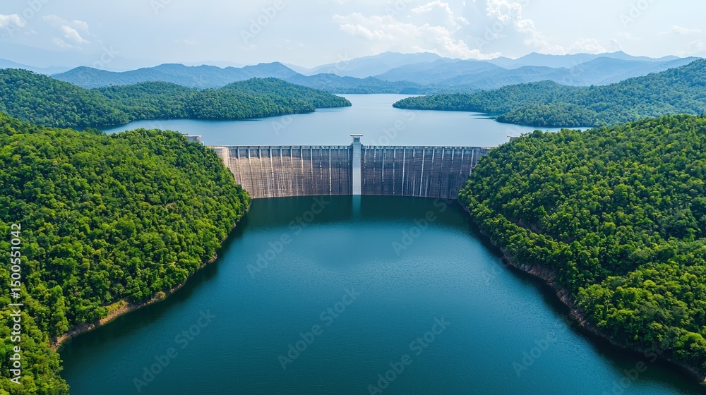 Fototapeta premium Aerial view of a hydroelectric dam providing sustainable power amidst a beautiful natural environment