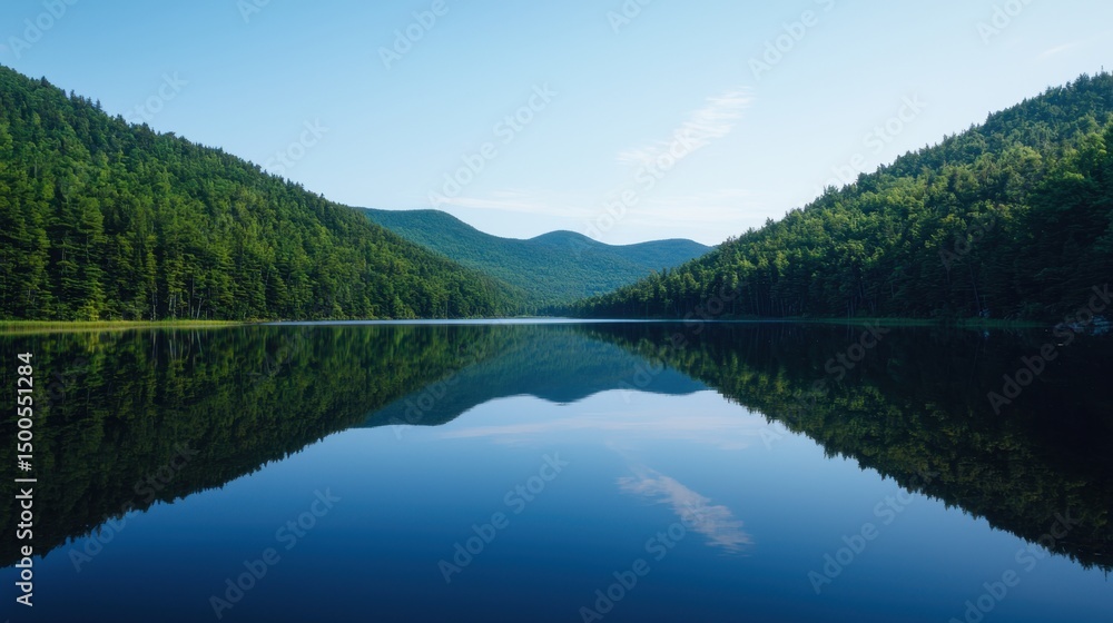 Fototapeta premium Serene Remote Lake Surrounded by Dense Evergreen Mountains Under Clear Blue Sky
