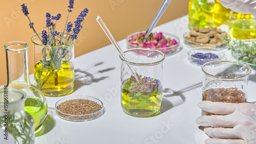 Lab table with glass dishes of herbal oils, petals, and ingredients prepared for testing or skincare blending. Tweezers pick up each herb and drop it into a jar for extraction.