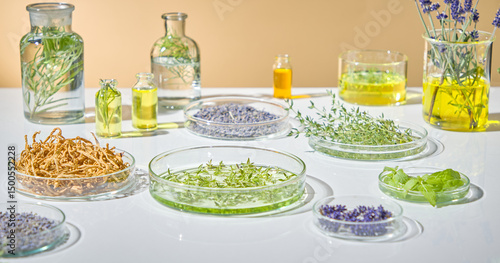 Принти на полотні Top-down view of natural ingredients including flowers, roots, and essential oils ready for formulation in laboratory