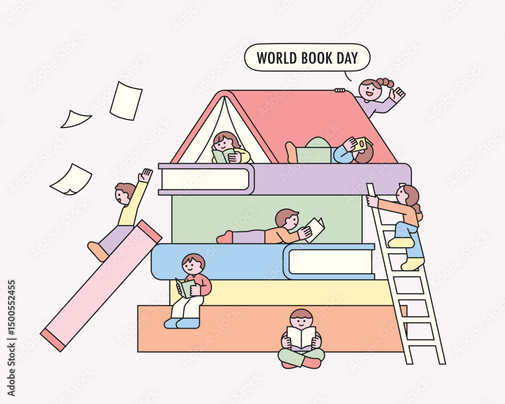 custom made wallpaper toronto digitalHappy children reading books and playing on a giant stack of colorful books to celebrate World Book Day.