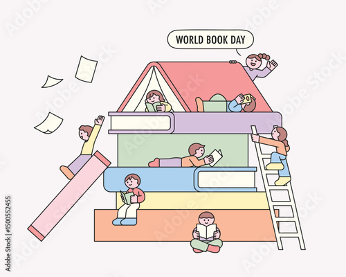 Happy children reading books and playing on a giant stack of colorful books to celebrate World Book Day.