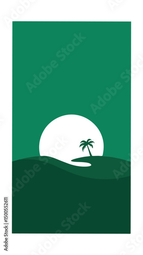 Minimalist Landscape with White Sun and Green Background