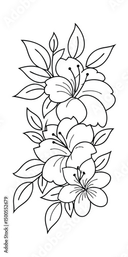 Vertical Line Drawing of Stylized Flowers and Leaves