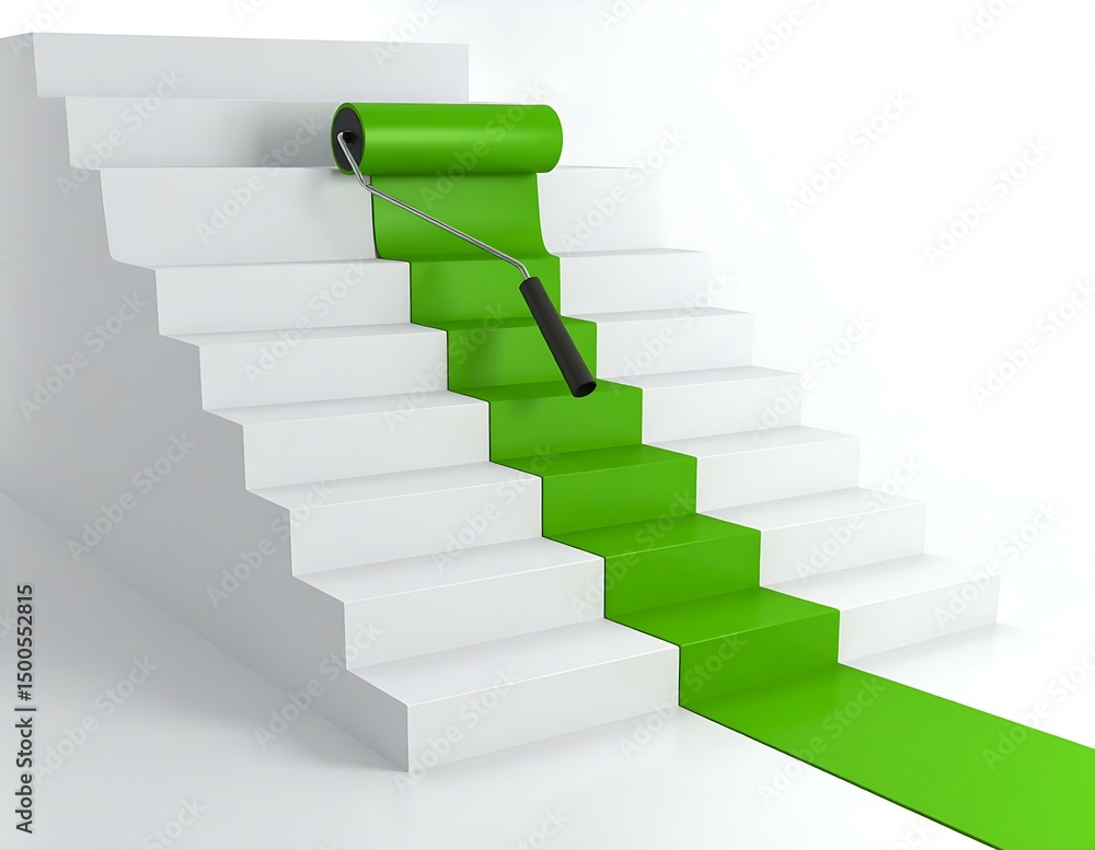 Obraz premium Green Path to Success Paint Roller on White Steps