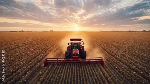 Harvesting the Golden Fields: An agricultural combine working at dawn across a vast field of golden crops, under a dramatic sunset sky. 