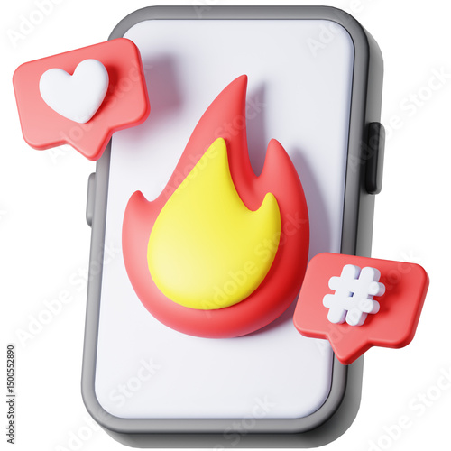 3D Rendered Smartphone with Flame, Heart, and Hashtag Icons for Social Media