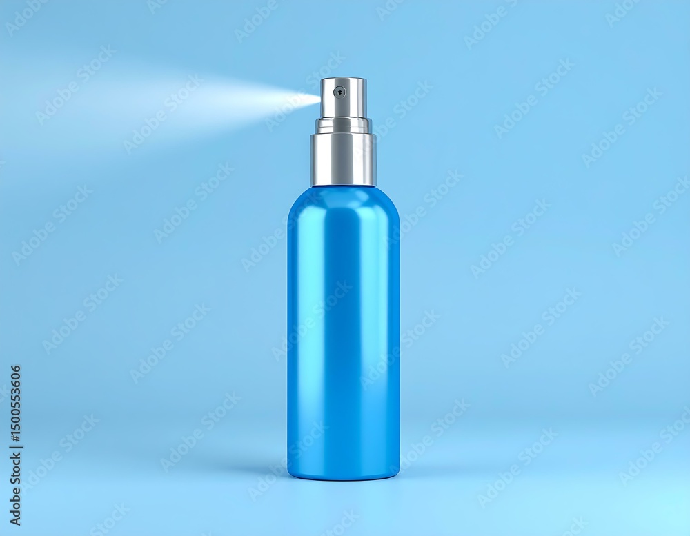 Blue Spray Bottle, Cosmetic Product, Fine Mist, Clean Design, Metallic Cap, Packaging Mockup, Studio Blue Spray Bottle, Cosmetic Product, Fine Mist, Clean Design, Metallic Cap, Packaging Mockup, Studio