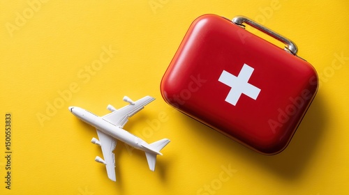 Red first aid kit and white airplane model on yellow background  top-down travel safety concept