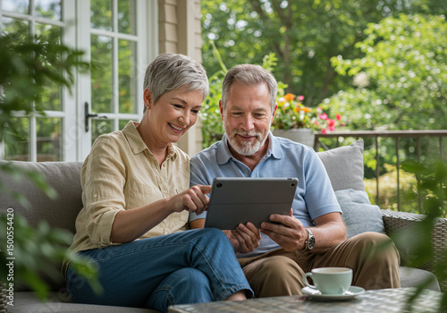 A senior couple happily looks at a digital tablet, symbolizing financial freedom, investment success, and secure retirement planning