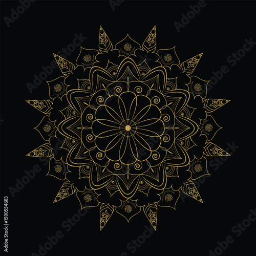 Ornate Golden Mandala Illustration on Black Background Featuring Intricate Floral and Swirl Details
