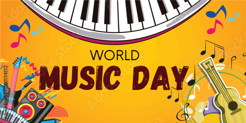 happy world music day and musical instruments with blue background. vector illustration design, happy world music day event and musical instruments 