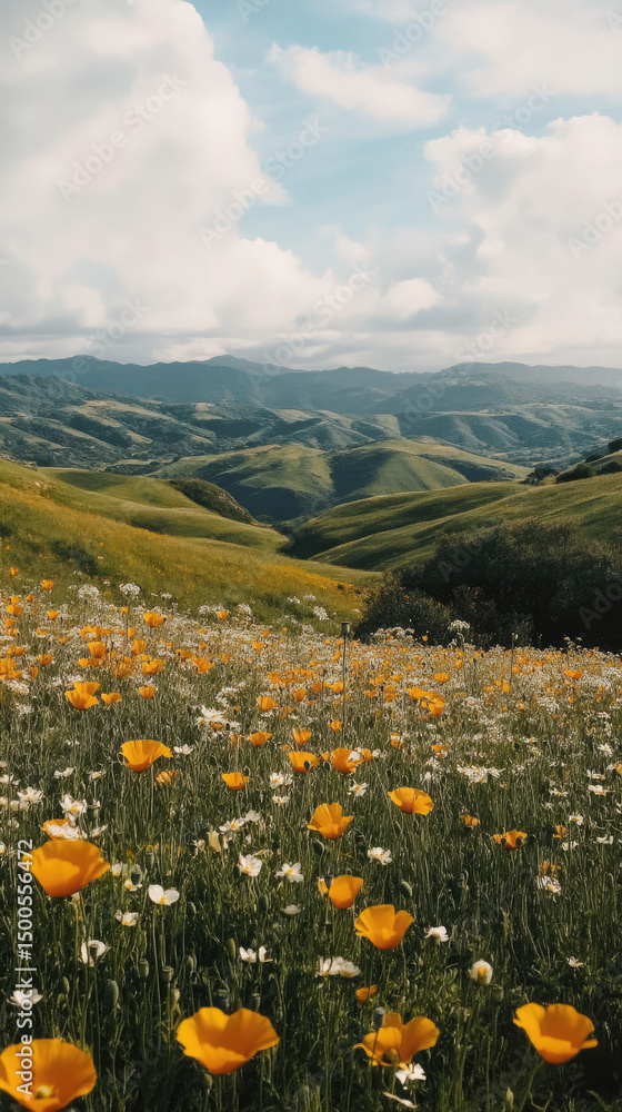 Fototapeta premium Vibrant Wildflower Meadow with Rolling Hills and Clouds