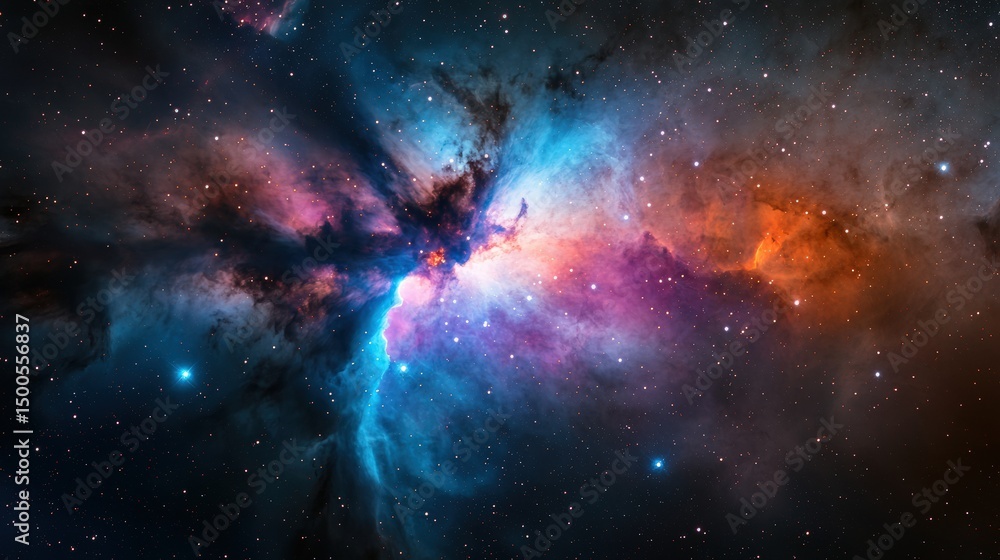 Fototapeta premium Cosmic dust and gas clouds creating a breathtaking nebula in vibrant blue, purple, and orange hues, illuminating the vastness of deep space