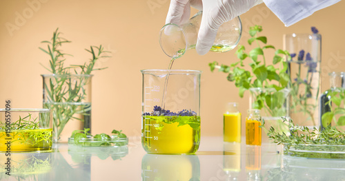 A collection of beakers with herbal infusions, placed next to green plants and test tubes on a clean white lab surface. Scene of research and extraction of herbal essential oils