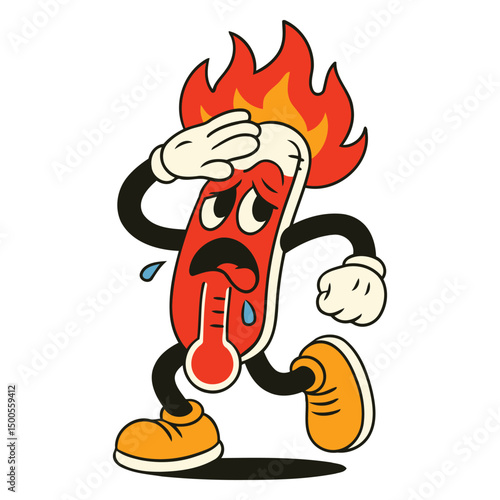 Overheated Thermometer Mascot Sweating and on Fire