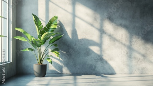 Minimalist Room Corner with a Plant Casting Shadows on a Textured Wall
