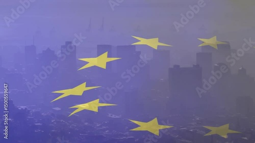 Light wind causing EU flag fluttering over skyline, yellow stars shifting and dispersing