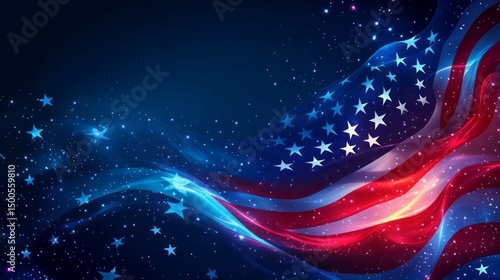 Flowing Patriotic Banner With Star Patterns and Blue Background Design