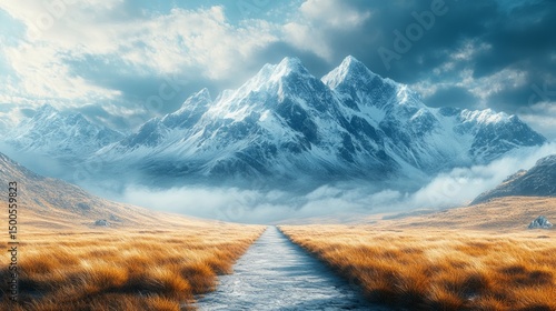 Majestic Mountain View with Pathway Leading Forward Through Scenic Landscape