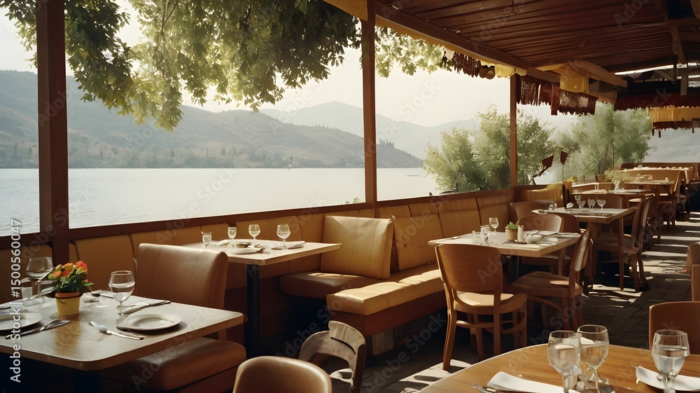 Fototapeta premium Potrait of luxurious restaurant with nice view of the lake AI Generated Image