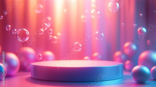 Abstract Showcase with Floating Shapes and Bubbles in Vibrant Gradient Background