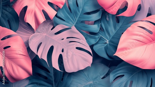 Vibrant Tropical Leaves Overlapping on Pastel Background with Shades of Pink and Blue