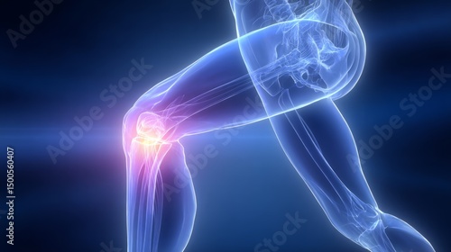Detailed Cutaway Illustration of a Woman's Knee Joint Anatomy with Highlighted Pain Area