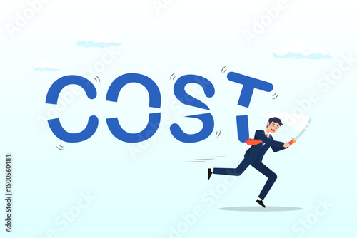Smart businessman cutting the word COST with his sword, cost saving idea, cost reduction or decrease expense, financial or accounting optimisation, lower spending to make more profit concept