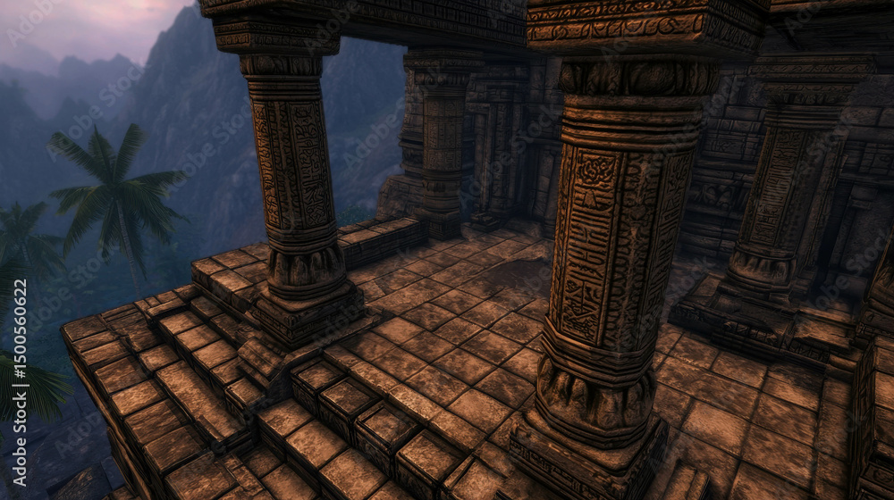 Fototapeta premium Ancient stone architecture with intricate carvings in a misty mountain landscape showcasing cultural heritage and historical significance of ancient civilizations