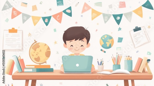 Cheerful Kid Sitting at Desk Using Laptop for Online Learning in Creative Workspace