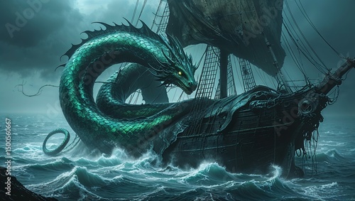 Sea Serpent Attacks Ship in Stormy Sea