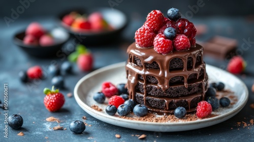 Decadent Chocolate Dessert Stack Topped with Fresh Berries on a Clean White Plate