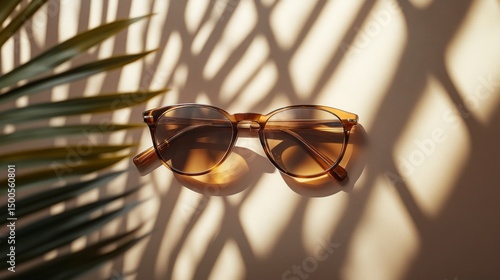 Stylish Sunglasses on a Neutral Background with Shadow and Palm Leaf Accents