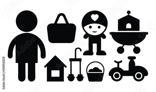 Baby and childcare icon set in silhouette black style featuring stroller, bottle, pacifier, diaper, and rattle. Perfect for parenting apps and childcare branding.