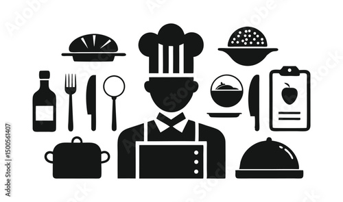 Restaurant service silhouette icons featuring cloche, menu, plate, waiter, and utensils in black style. Designed for food apps, UI, and hospitality services.