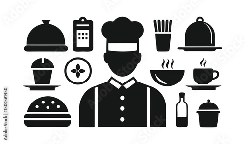 Restaurant service silhouette icons featuring cloche, menu, plate, waiter, and utensils in black style. Designed for food apps, UI, and hospitality services.