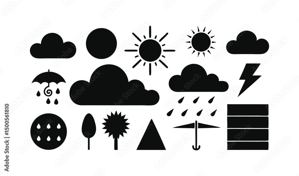 Weather silhouette icon set includes sun, rain, cloud, snow, storm, and wind symbols in black minimal style. Ideal for climate, forecast, and weather UI. Weather silhouette icon set includes sun, rain, cloud, snow, storm, and wind symbols in black minimal style. Ideal for climate, forecast, and weather UI.