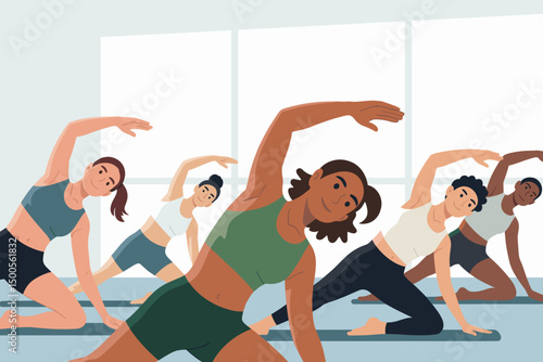 Group of individuals practicing yoga in bright studio
