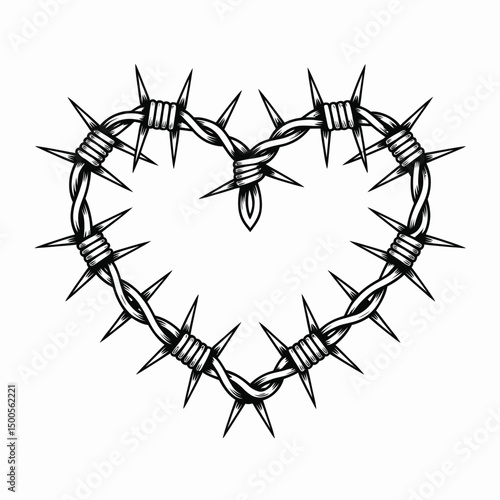 Barbed Wire Heart Shape Illustration in Black and White Style