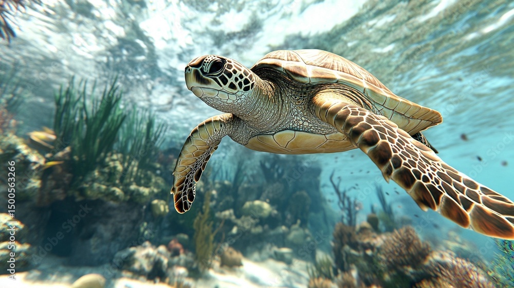 Obraz premium Sea turtle gracefully swimming through a vibrant coral reef underwater scene