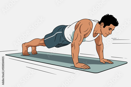 Push ups performed by muscular man on fitness mat