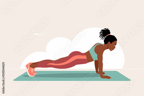 Woman performing push-ups for fitness at home in morning